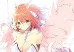  angel_wings blush breasts brown_hair chain cleavage collar collarbone green_eyes hair_ornament hair_ribbon ikaros large_breasts long_hair looking_at_viewer mishima_kurone multicolored_hair pink_hair ribbon signature simple_background solo sora_no_otoshimono twintails two-tone_hair white_background wings 