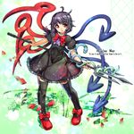  asymmetrical_wings black_dress black_hair black_legwear bow character_name dress english houjuu_nue looking_at_viewer petals polearm puffy_short_sleeves puffy_sleeves red_eyes red_footwear shoes short_sleeves signature snake solo thighhighs touhou trident umigarasu_(kitsune1963) weapon wings zettai_ryouiki 