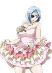  1girl blue_hair breasts earrings eyepatch female flower ikkitousen jewelry large_breasts looking_at_viewer mouyuu_(ikkitousen) necklace official_art purple_eyes short_hair smile solo standing wedding_dress white_background 