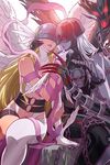  angel_and_devil angel_wings angewomon bare_shoulders belt blonde_hair breasts chain chin_grab claws demon_girl digimon digimon_adventure eclosion head_wings helmet imminent_kiss ladydevimon lens_flare long_hair medium_breasts multiple_girls navel parted_lips red_eyes silver_hair sitting skull wings yuri 