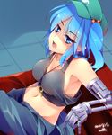  absurdres annoyed artist_name bangs bionic blue_eyes blue_hair breasts cabbie_hat cleavage couch covered_nipples crop_top crossed_legs dated eyebrows eyebrows_visible_through_hair hair_bobbles hair_ornament hat highres kawashiro_nitori key_necklace light mechanical_arm medium_breasts miton_(turuyasann) navel open_mouth prosthesis shaded_face sideboob sitting solo stomach tank_top teeth tongue touhou two_side_up 