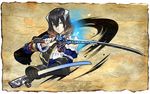  black_hair bloodstained:_ritual_of_the_night blue_eyes brown_hair concept_art detached_sleeves gauntlets gradient_hair hair_between_eyes hair_ornament katana looking_at_viewer miriam_(bloodstained) multicolored_hair natsume_yuji official_art sheath short_hair solo stained_glass sword weapon 