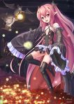  arukanu bat black_footwear black_legwear boots breasts detached_sleeves dress fangs full_moon highres huanghyy krul_tepes lantern long_hair moon night outdoors owari_no_seraph pink_hair red_eyes short_dress sleeves_past_wrists small_breasts smile solo thigh_boots thighhighs twintails two_side_up vampire very_long_hair wings 