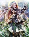  armor black_gloves flower gloves greaves halo long_hair looking_at_viewer original solo sword trinity_souls vambraces weapon yooani 