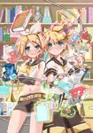  &gt;:) 1girl :d arm_warmers bare_shoulders blonde_hair blue_eyes book brother_and_sister commentary_request hair_ornament hair_ribbon hairclip headset hekicha kagamine_len kagamine_rin navel necktie open_mouth ribbon sailor_collar short_hair shorts siblings smile torii treble_clef twins v-shaped_eyebrows vocaloid 