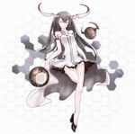  anchorage_water_oni bare_shoulders black_footwear black_hair black_skirt dress full_body gradient_hair highres honeycomb_(pattern) honeycomb_background horns k1hu kantai_collection long_hair looking_at_viewer multicolored_hair orange_eyes overskirt pale_skin pleated_skirt red_eyes shinkaisei-kan shoes skirt solo white_background white_dress white_skin 