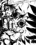  :d arm_cannon closed_eyes commentary_request eyeball feathers fireball frilled_skirt frills greyscale hand_up monochrome open_mouth reiuji_utsuho short_sleeves skirt smile solo third_eye touhou weapon wings yankopi 