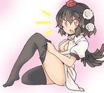  :o bird_wings black_hair black_legwear blush breasts collared_shirt commentary_request dressing hat legs medium_breasts odochi_(1or8) open_mouth panties pink_panties pom_pom_(clothes) red_eyes shameimaru_aya shirt short_hair sitting solo surprised thighhighs tokin_hat touhou underwear wings 