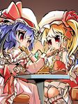  bat_wings blonde_hair blue_hair commentary fifiruu finger_licking flandre_scarlet licking multiple_girls red_eyes remilia_scarlet sash siblings side_ponytail sisters touhou wings 