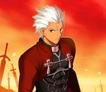  archer bad_id bad_pixiv_id dark_skin dark_skinned_male fate/stay_night fate_(series) field_of_blades fuyuki_(neigedhiver) grey_eyes male_focus planted_sword planted_weapon solo sword unlimited_blade_works weapon white_hair 