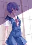  ayanami_rei blue_hair bow bowtie chio_kitsune highres leaning_back looking_at_viewer neon_genesis_evangelion red_eyes school_uniform shaded_face shadow short_hair solo wall 