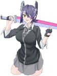  breasts carrying_over_shoulder checkered checkered_neckwear cowboy_shot eyepatch headgear holding holding_sword holding_weapon kantai_collection kyouten_doushi large_breasts necktie over_shoulder purple_eyes simple_background sketch skirt solo sword sword_over_shoulder tenryuu_(kantai_collection) weapon weapon_over_shoulder white_background 