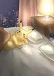  beckoning bed come_hither gen_1_pokemon looking_at_viewer no_humans on_bed pikachu pillow pokemon pokemon_(creature) skyline solo wasabi_(legemd) 