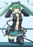  absurdres belt black_legwear blue_background breasts cat_ear_headphones collarbone cowboy_shot detached_sleeves green_eyes green_hair gy_(l964625780) hands_on_headphones hatsune_miku headphones highres jewelry long_hair looking_at_viewer necklace no_bra simple_background skirt small_breasts smile solo thighhighs twintails very_long_hair vocaloid zettai_ryouiki 