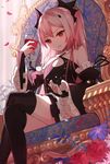  black_footwear black_legwear boots crossed_legs cup detached_sleeves drinking_glass frills highres krul_tepes levi9452 owari_no_seraph petals pink_hair red_eyes rose_petals solo thigh_boots thighhighs wine_glass zettai_ryouiki 