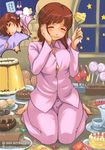  amagami artist_request blush breasts brown_hair fat food happy pajamas sakurai_rihoko 