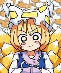  blonde_hair blush_stickers breast_hold breasts commentary_request dress food fox_tail frills gradient_eyes hat multicolored multicolored_eyes multiple_tails pillow_hat short_hair solo staring tabard tail tofu touhou upper_body yakumo_ran yankopi yellow_eyes 
