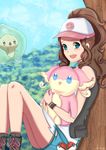  audino blue_eyes blue_sky brown_hair day duosion gen_5_pokemon hat hug hug_from_behind leaning_back poke_ball pokemon pokemon_(creature) pokemon_(game) pokemon_bw short_shorts shorts signature sitting sky touko_(pokemon) tree vanekairi wristband 