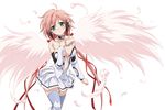  angel_wings blush breasts brown_hair chain cleavage collar collarbone feathers green_eyes hair_ornament hair_ribbon ikaros large_breasts long_hair looking_at_viewer midriff multicolored_hair open_mouth pink_hair ribbon simple_background solo sora_no_otoshimono thighhighs twintails two-tone_hair watanabe_yoshihiro white_background wings zettai_ryouiki 