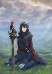  bad_id bad_pixiv_id bangs belt blue_dress blue_eyes blue_hair cape cloud cloudy_sky dress elbow_gloves falchion_(fire_emblem) fingerless_gloves fire_emblem fire_emblem:_kakusei gloves goma_(goma-folio) grass greaves hair_between_eyes light_frown long_hair looking_afar lucina on_ground outdoors parted_lips planted_sword planted_weapon shoulder_armor sitting sky solo spaulders sword tiara wariza weapon wet wet_hair 