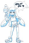  aogami bike_shorts elbow_pads english gun highres inkling looking_at_viewer midriff monochrome navel pointy_ears solo speech_bubble splatoon_(series) splatoon_1 standing tentacle_hair tentacles water_gun weapon white_background 