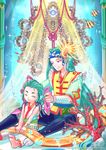  absurdres bad_id bad_pixiv_id barefoot blue_eyes father_and_son green_hair hayosena highres long_hair multiple_boys ribbon sitting smile 