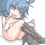  ass bare_legs blue_eyes blue_hair boots breasts covering cross-laced_footwear hair_ornament hair_rings hair_stick kaku_seiga kureha_mitsushige lace-up_boots large_breasts looking_at_viewer nude open_mouth short_hair simple_background sitting smile solo sweat touhou white_background 