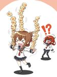  &gt;_&lt; /\/\/\ 2girls anchor_symbol balancing bird black_legwear black_skirt brown_hair chick closed_eyes commentary_request folded_ponytail hair_ornament hairclip highres ikazuchi_(kantai_collection) inazuma_(kantai_collection) kantai_collection kirby kneehighs long_hair long_sleeves multiple_girls neckerchief odd_one_out open_mouth pleated_skirt ponytail red_neckwear school_uniform serafuku shaded_face short_hair skirt sweat thighhighs too_many too_many_chicks wavy_mouth yakitori_(yakitori06) zzz 