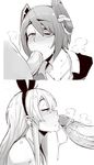  2girls blush censored cum eyepatch fellatio greyscale headgear hetero kantai_collection large_penis long_hair monochrome multiple_boys multiple_girls multiple_penises oral penis penis_kiss pointless_censoring saliva saliva_trail school_uniform shimakaze_(kantai_collection) short_hair tenryuu_(kantai_collection) zako_(arvinry) 