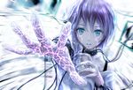  android armband cable circuit collar electricity glowing glowing_hand green_eyes mecha_musume nuwanko original purple_hair reaching_out shirt solo white_shirt 