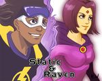  1girl black_hair bob_cut brown_eyes character_name cloak dark_skin dc_comics duo goggles gradient gradient_background hairlocs mask purple_eyes raven_(dc) short_hair smile static_shock teen_titans virgil_ovid_hawkins 