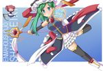  adapted_costume black_legwear blue_eyes blush_stickers chibi commentary_request green_hair hat lyrical_nanoha magical_girl mahou_shoujo_lyrical_nanoha mono_(mono60) multiple_girls onozuka_komachi raising_heart red_eyes red_hair rod scythe shiki_eiki side_ponytail thighhighs touhou two_side_up 