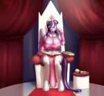  2019 anthro anthrofied areola book breasts chair cleavage clothed clothing crown equine eyewear female friendship_is_magic glasses gloves horn jewelry lipstick makeup mammal marauder6272 my_little_pony necklace pink_lipstick scroll sitting solo throne tiara twilight_sparkle_(mlp) winged_unicorn wings 