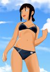  :d alternate_costume bad_id bad_pixiv_id bikini black_eyes black_hair cloud cowboy_shot day from_below fubuki_(kantai_collection) kantai_collection looking_away navel ojipon open_mouth scrunchie short_ponytail sky smile solo swimsuit 