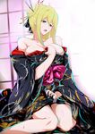  bare_shoulders blonde_hair blue_eyes breasts cleavage clothes_grab hair_bun hair_ornament hair_stick japanese_clothes kimono large_breasts mata-aro nancy_lee ninja_slayer open_mouth solo sweat 