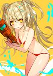  bad_id bad_pixiv_id bikini blonde_hair blush commentary_request long_hair looking_at_viewer navel open_mouth original red_bikini solo sukja swimsuit toy_gun twintails two_side_up water_gun yellow_eyes 