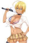  ahoge american_flag_bikini bikini blonde_hair breasts cleavage cleaver collar flag_print green_eyes grin hand_on_hip highres huge_ahoge large_breasts looking_at_viewer midriff mito_ikumi navel plaid plaid_skirt school_uniform shimeno_puni shokugeki_no_souma short_hair simple_background skirt smile solo swimsuit tootsuki_saryou_ryouri_gakuen_uniform white_background 