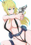  blonde_hair breasts cleavage female green_eyes gun hair_ornament hair_stick large_breasts long_hair mata-aro nancy_lee navel ninja_slayer simple_background solo thighs weapon 