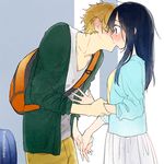  1girl black_hair blue_eyes brown_hair closed_eyes couple hetero kiss kitashirakawa_tamako long_hair momose_(oqo) ooji_mochizou short_hair tamako_market tears 