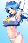  :o arm_up armpits arms_behind_head blue_eyes blue_hair cowboy_shot crop_top crop_top_overhang double_bun elbow_gloves gloves hat kantai_collection long_hair looking_at_viewer open_mouth school_uniform see-through serafuku shirt sleeves_rolled_up solo standing tenken_(gotannda) urakaze_(kantai_collection) water wet white_hat white_shirt yellow_neckwear 