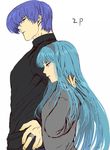  1girl alternate_color blue_eyes blue_hair crossover hairband long_hair short_hair tarakoutibiru the_king_of_fighters toono_akiha tsukihime yagami_iori 
