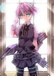  bad_id bad_pixiv_id bangs blue_eyes cowboy_shot eyebrows_visible_through_hair gloves hair_between_eyes highres hikobae indoors kantai_collection neck_ribbon pink_hair ponytail red_neckwear red_ribbon ribbon school_uniform shiranui_(kantai_collection) short_hair short_sleeves smile solo vest 