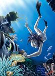  bikini blue_eyes coral diving fish flippers freediving hanayama_tooru highres holding_breath ocean smile solo swimming swimsuit underwater white_bikini 