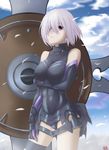  akatsuki_(mp31097 armor artist_name bangs bare_shoulders black_armor black_gloves black_leotard breast_hold breasts cloud covered_nipples cowboy_shot cross elbow_gloves eyebrows_visible_through_hair fate/grand_order fate_(series) faulds from_side gloves hair_over_one_eye halterneck hand_on_own_thigh holding_arm impossible_clothes impossible_leotard legs_apart leotard mash_kyrielight medium_breasts multicolored multicolored_clothes multicolored_gloves outdoors parted_lips petals purple_eyes purple_gloves shield short_hair sideways_glance signature silver_hair skin_tight sky solo thigh_strap turtleneck vambraces 
