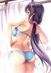  ass bad_id bad_twitter_id bikini black_hair bloom blue_bikini blush breasts curtains fukai_ryousuke green_eyes long_hair love_live! love_live!_school_idol_project medium_breasts parted_lips revision side-tie_bikini solo swimsuit toujou_nozomi twintails very_long_hair window 