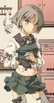  belt brown_eyes brown_hair gloves hair_ornament highres kasetsu_03 looking_at_viewer navel original shirt_lift short_hair single_glove skirt solo thighhighs vest white_legwear 