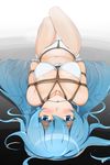  akame_ga_kill! bdsm bikini blue_eyes blue_hair bondage bound crotch_rope esdeath hair_in_mouth highres long_hair restrained sharpffffff shibari shibari_over_clothes side-tie_bikini solo swimsuit white_bikini 