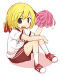  :d alternate_costume blonde_hair character_name fang gym_uniform hair_ribbon jagabutter open_mouth pom_poms red_eyes ribbon rumia sitting smile solo touhou 