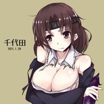  black_eyes breast_hold breasts brown_background brown_hair character_name chiyoda_(kantai_collection) cleavage colis_(regunm772) dated eggplant frown headband kantai_collection large_breasts short_hair simple_background solo torn_clothes upper_body 