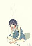  androgynous bare_legs black_eyes black_hair candy food food_in_mouth highres ishida_sui lollipop male_focus overalls signature sitting smiley_face solo spool stitches suzuya_juuzou tokyo_ghoul tokyo_ghoul:re 
